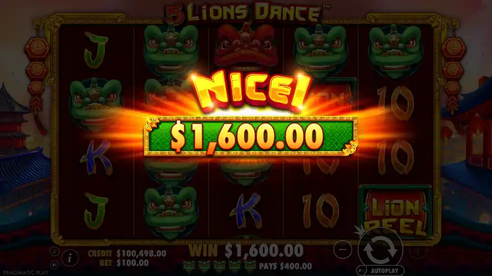 Big win in 5 Lions Dance — lion transformation during free spins