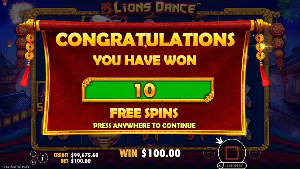 5 Lions Dance free spins — all lion symbols transforming into the same type