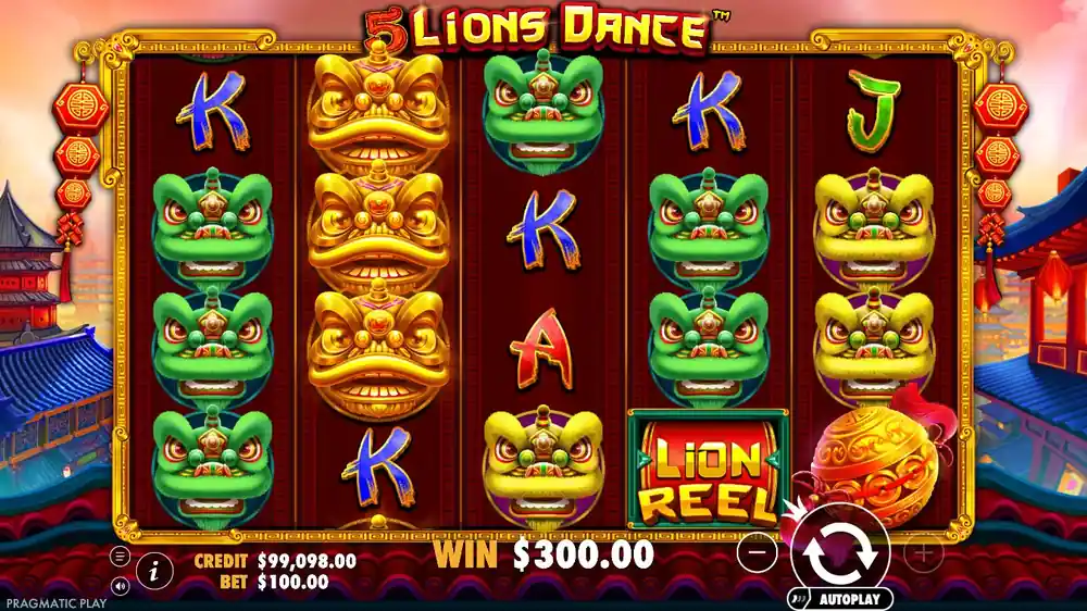 5 Lions Dance base game — reels with five coloured lions and golden ball Wild