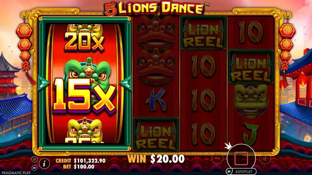 Lion Reel Bonus — giant multiplier reel in 5 Lions Dance