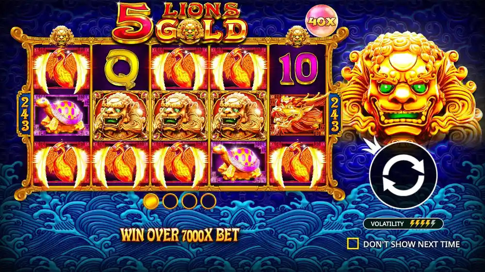 5 Lions Gold demo — spin example with dragon and phoenix symbols on the 5×3 grid