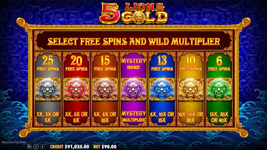 5 Lions Gold free spins selection screen — 7 options with multipliers from 2× to 40×