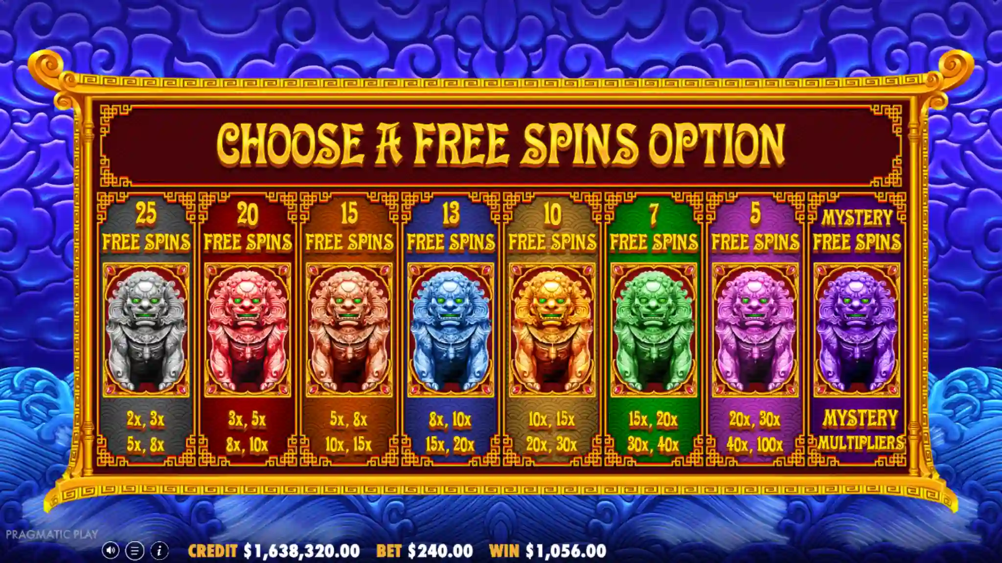 5 Lions Megaways 2 — 8 free spins options choice screen before Regular and Super Free Spins