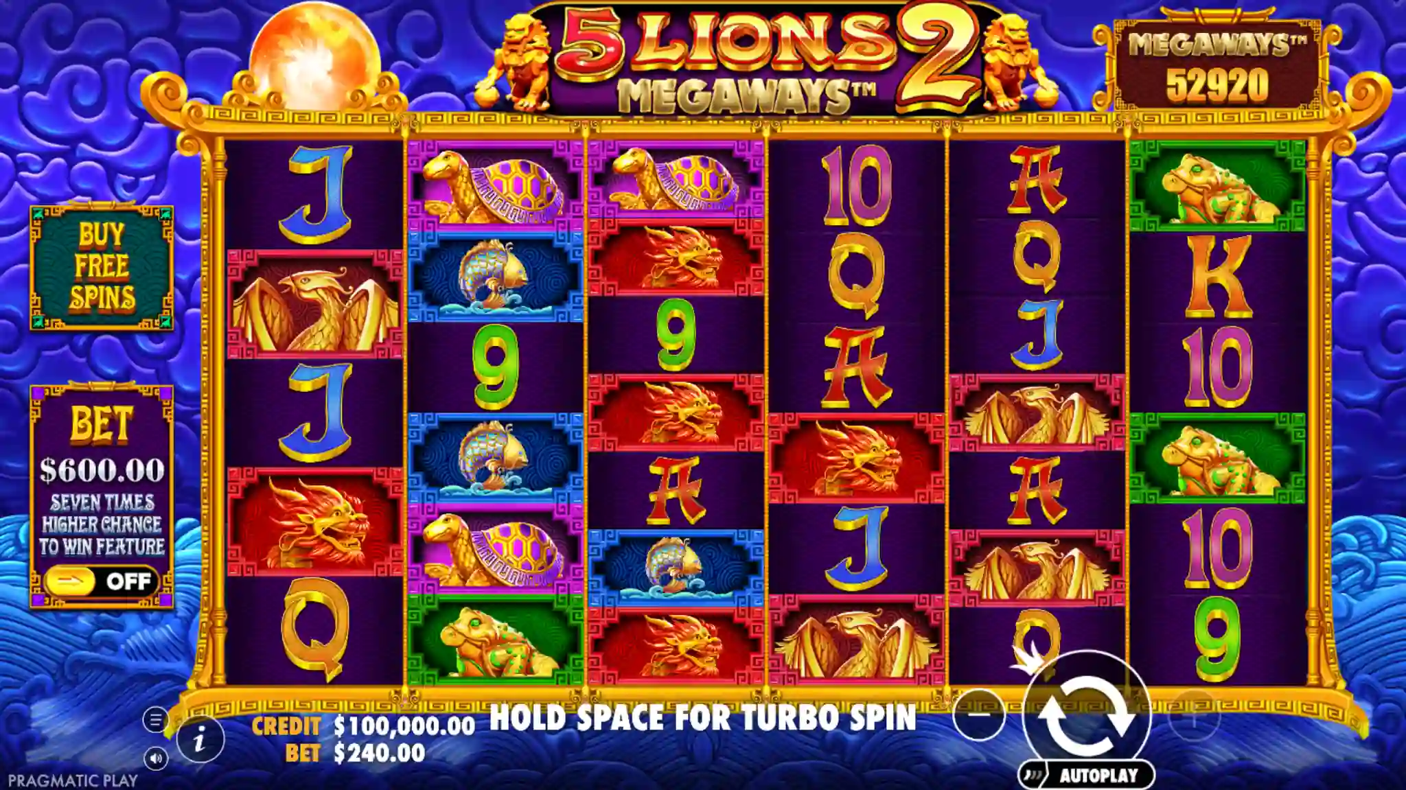 5 Lions Megaways 2 base game — dynamic Megaways grid with Wild multiplier active
