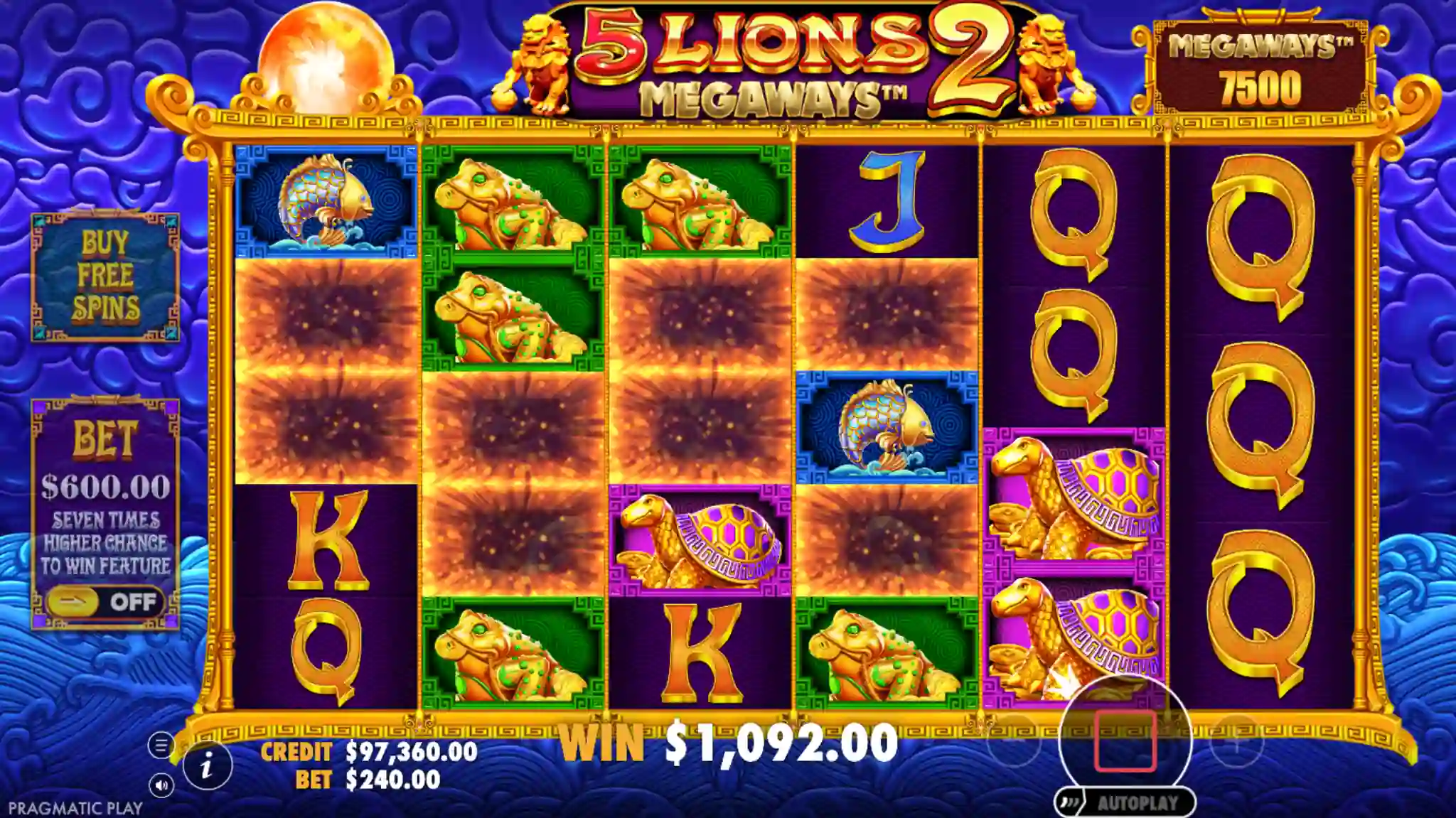 Tumble cascade in 5 Lions Megaways 2 — winning symbols removed, new ones fall in