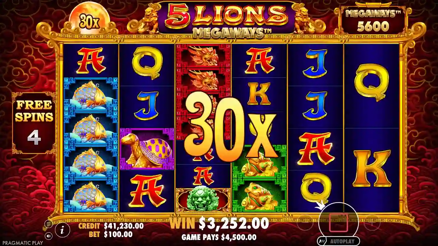 Big win in 5 Lions Megaways — Wild multiplier 40× and cascade chain
