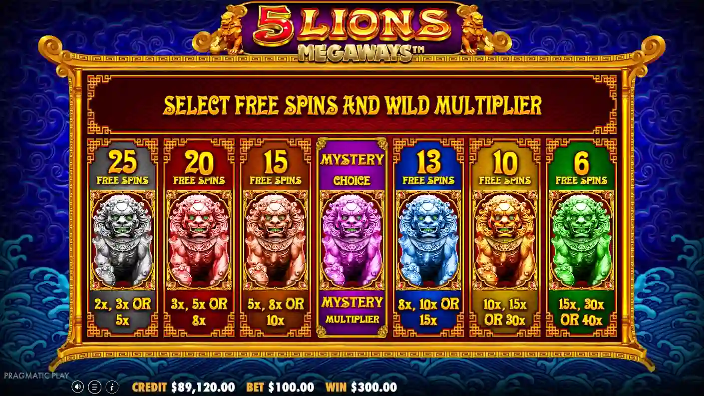 5 Lions Megaways free spins — selection screen showing options with Wild multipliers