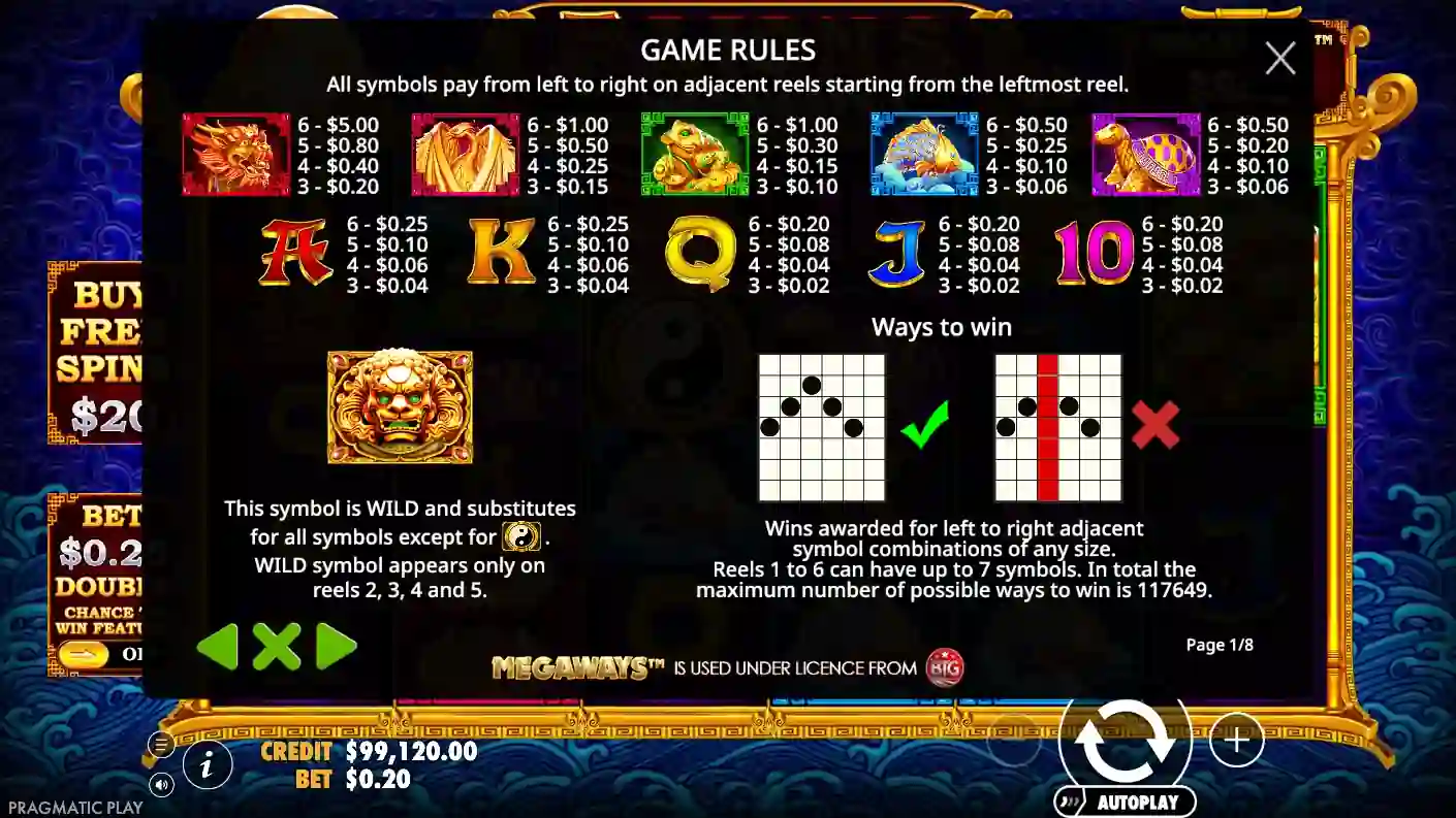 5 Lions Megaways paytable — Dragon, Phoenix, Toad, Koi, Turtle symbols with multipliers