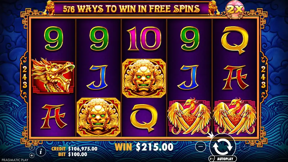 Two Lion Wilds with multipliers during free spins — win with dragon and phoenix symbols